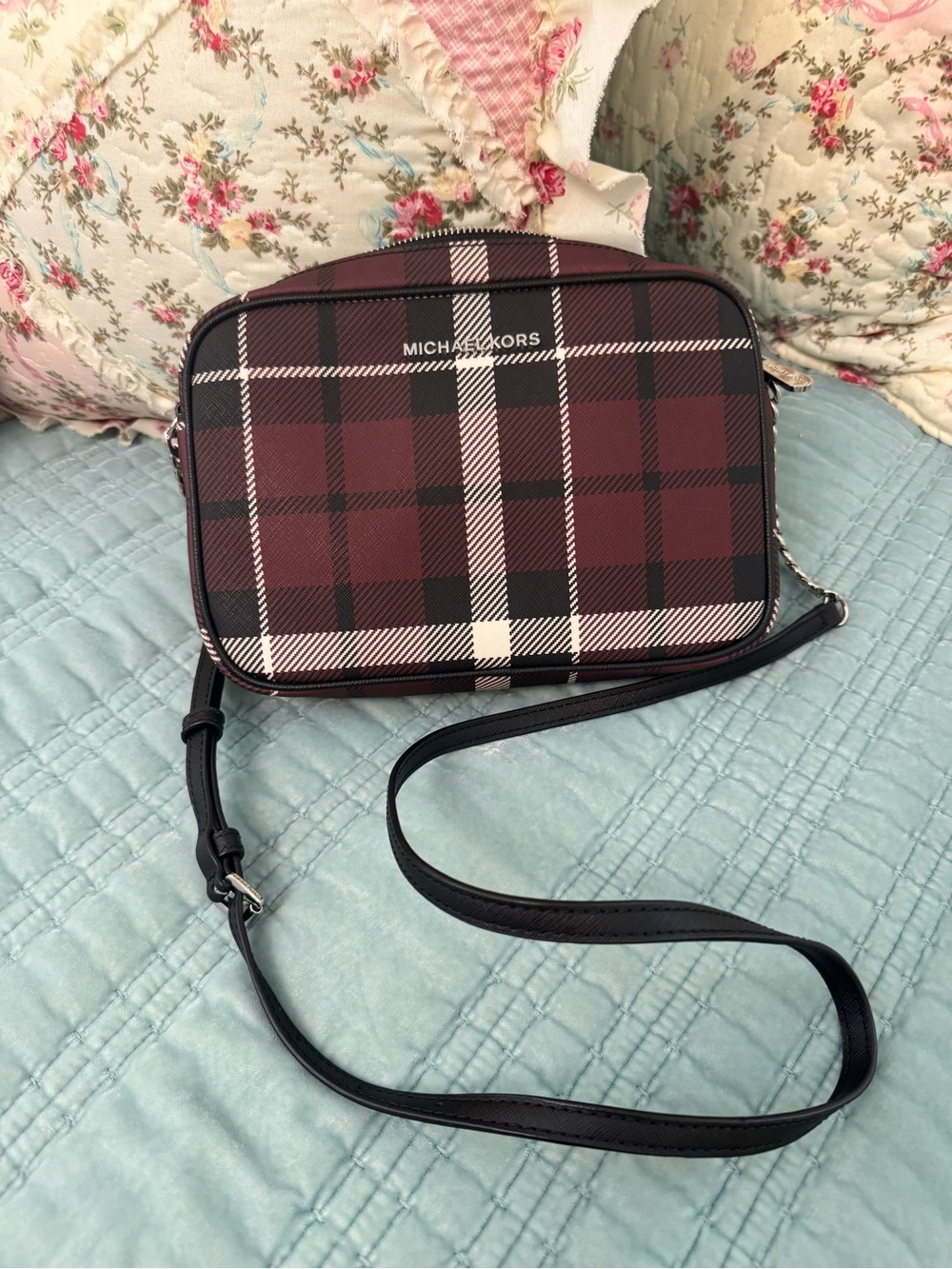 Michael Kors Burgundy Plaid Crossbody Bag with Black Strap
